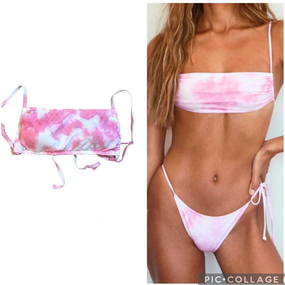 Pink and white tie-dye bikini top, small, open back, strappy, adjustable